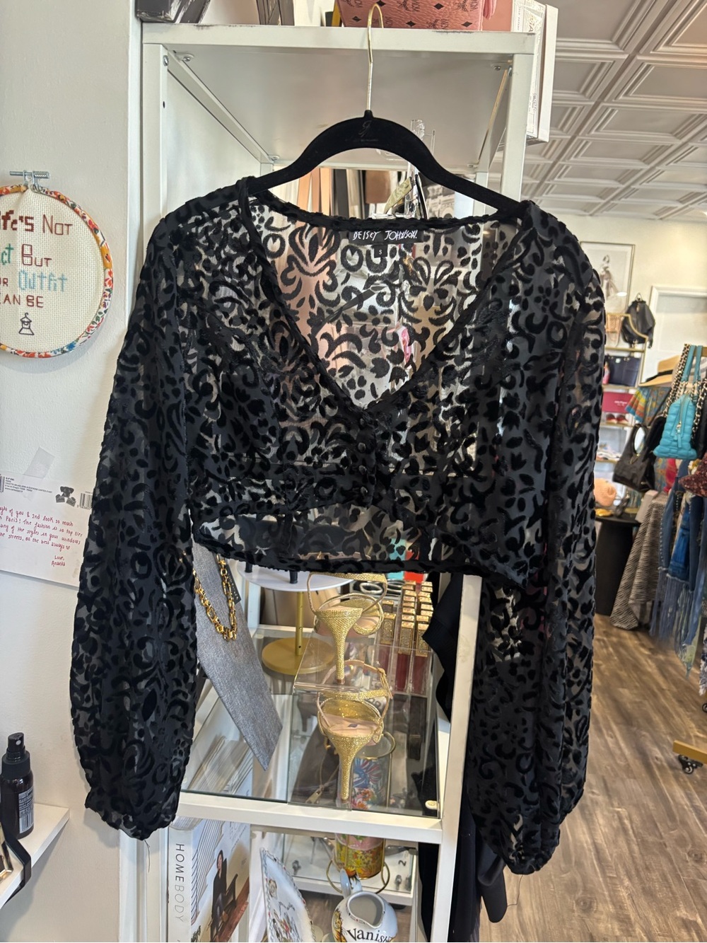 Betsey Johnson vintage Black Sheer Velvet Burnout Cropped V-Neck Blouse
